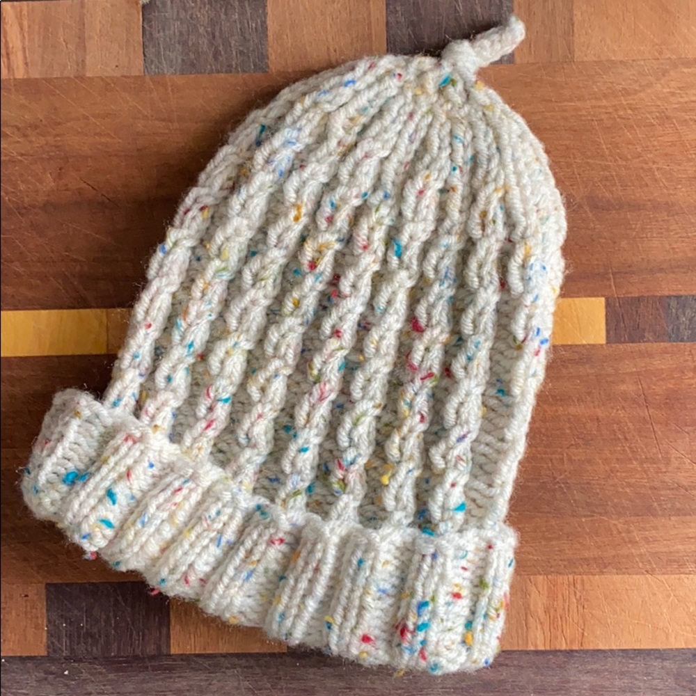 Cream White Multi Colored Speckled Knit Beanie Hat - Picture 2 of 6